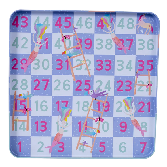 Introducing the Fantasy Magnetic Fun & Games by Floss & Rock: This colorful board game features a grid with numbers 1 to 49. The eco-friendly set, made from recycled materials, boasts whimsical illustrations of mermaids and ladders on a checkered blue and lavender background, adding charm to your gaming experience.