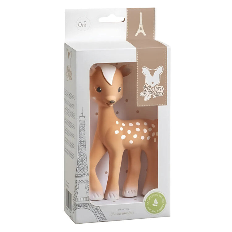 Fanfan the Fawn by Sophie La Giraffe is a delightful baby sensory toy made from natural rubber. It features a brown fawn with white spots and comes in a white box with a transparent front, an Eiffel Tower illustration on the side, and a charming fawn silhouette logo on the top right corner.