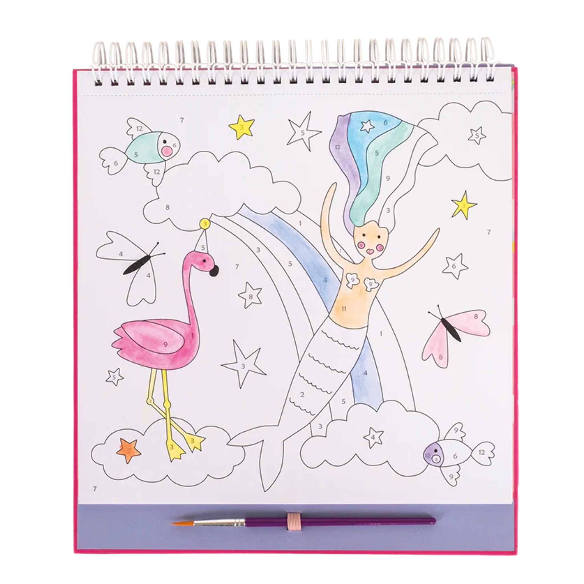 Explore a fantastical realm with the Fantasy Paint by Numbers set from Floss & Rock. This eco-friendly masterpiece showcases a mermaid with rainbow hair and a pink flamingo, set against a backdrop of clouds and stars. Various fish and butterflies add to the enchanting scene, while a small paintbrush is included to bring this magical tableau to life.