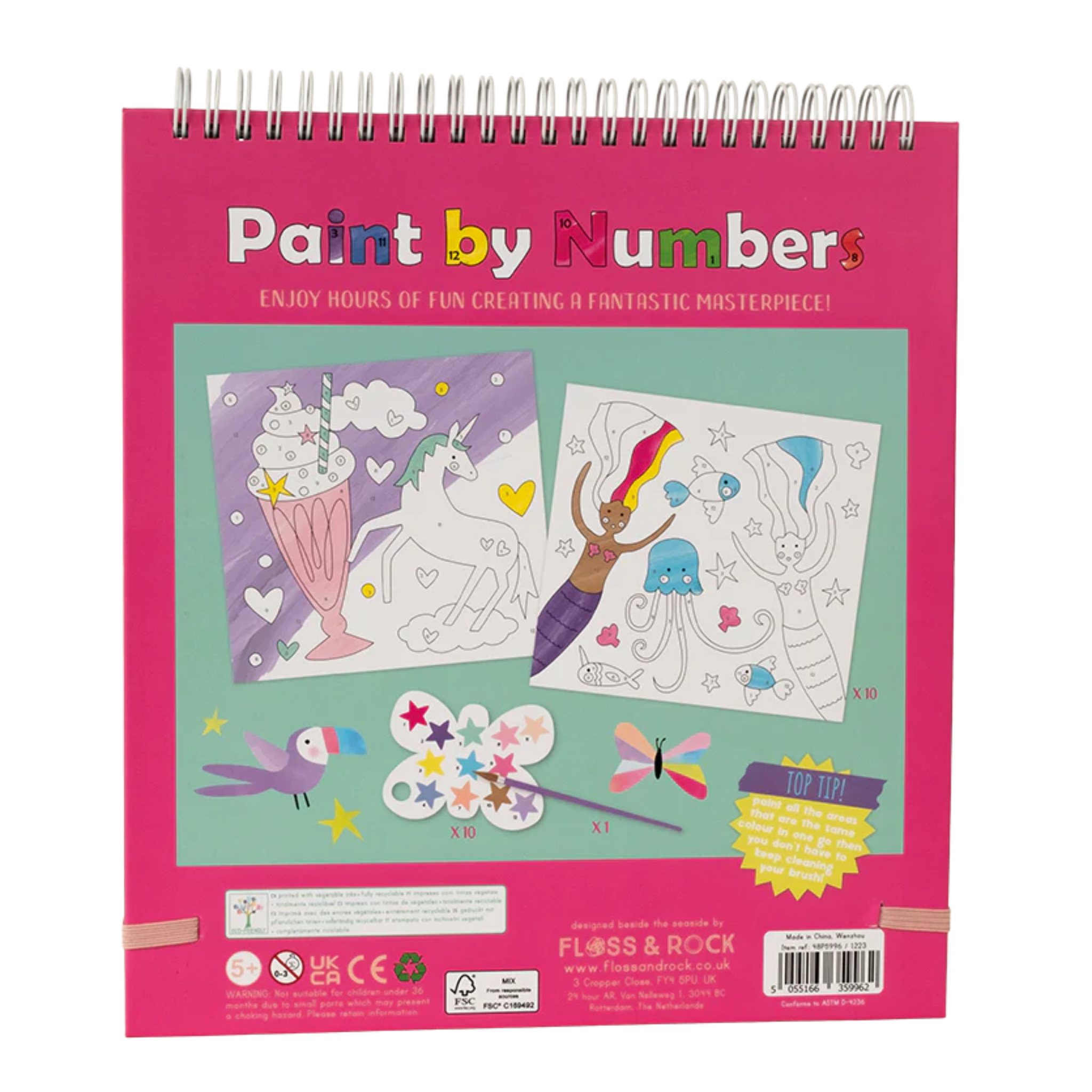 Introducing the "Fantasy Paint by Numbers" kit from Floss & Rock, a spiral-bound set featuring enchanting unicorn and ice cream illustrations against a vivid backdrop. The cover is adorned with a whimsical design of a paint palette, butterfly, and rocket. This eco-friendly kit provides endless hours of creativity as you craft your own masterpiece.