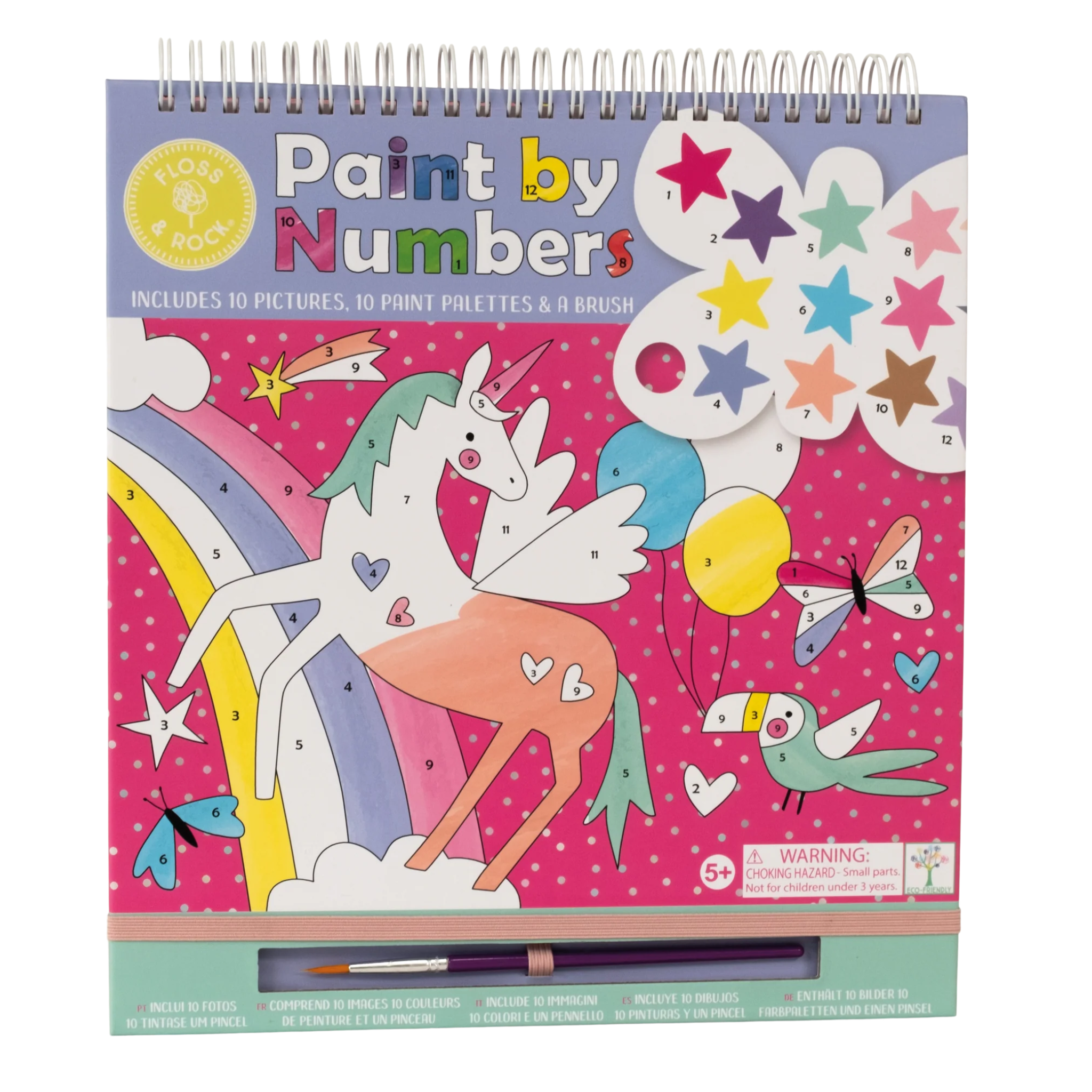 The "Fantasy Paint by Numbers" kit by Floss & Rock comes with an eco-friendly cover adorned with vibrant illustrations of unicorns, a rainbow, a parrot, stars, and hearts. This package includes 10 picture templates, along with palettes and a brush. It is suitable for ages 5 and up but contains small parts that pose a choking hazard.