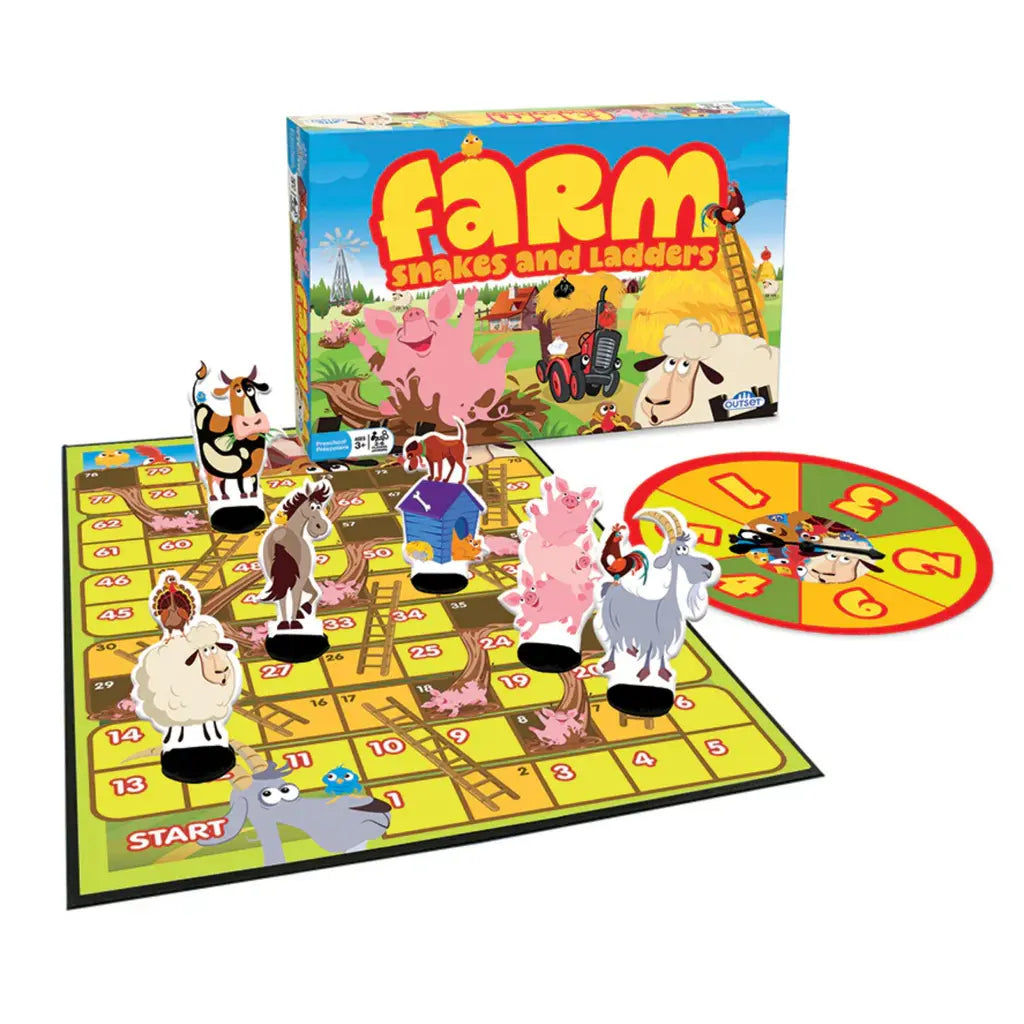 The "Farm Snakes & Ladders" by Outset Cheatwell is a vibrant board game for families, featuring farm animal figurines, a numbered board with ladders and slides, and a spinner. The packaging highlights its charming farm theme.