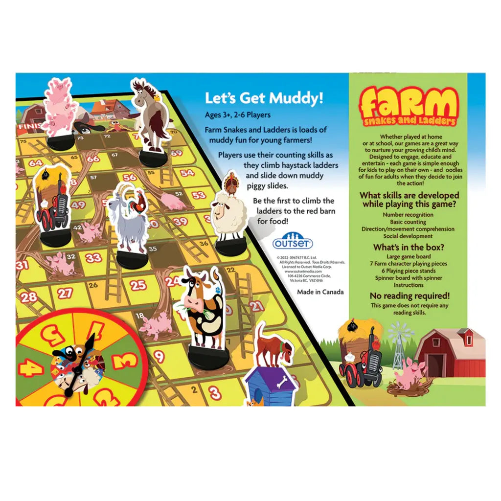 Farm Snakes & Ladders" by Outset Cheatwell is a delightful family board game for ages 2+. Featuring farm animals like cows and chickens, it enhances numeracy skills. The charming board with a red barn and haystacks invites hours of educational fun.