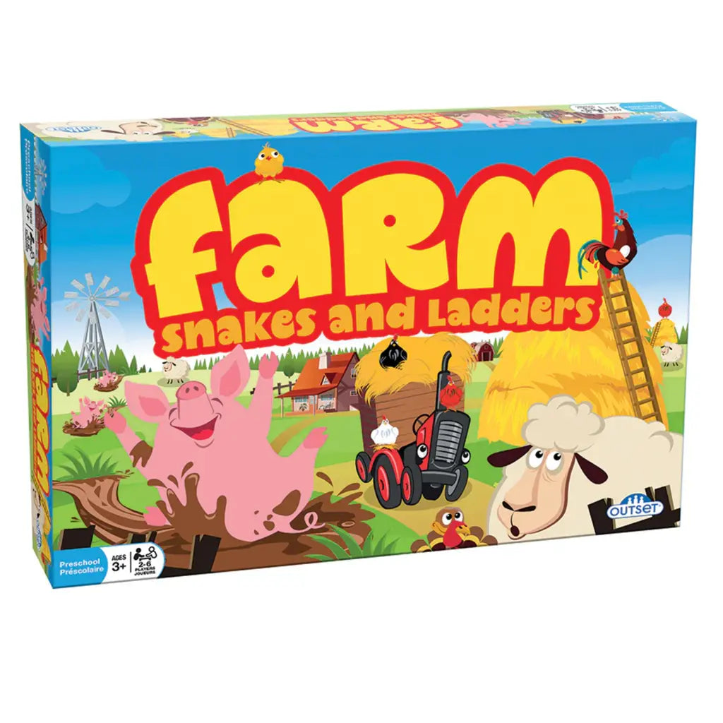 The vibrant box for "Farm Snakes & Ladders" by Outset Cheatwell displays playful farm animals, including a pig in mud and a curious sheep, with a red tractor. A ladder and windmill complete the scene. Suitable for ages 3+.