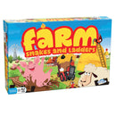 The vibrant box for "Farm Snakes & Ladders" by Outset Cheatwell displays playful farm animals, including a pig in mud and a curious sheep, with a red tractor. A ladder and windmill complete the scene. Suitable for ages 3+.