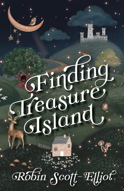 Illustrated book cover for 'Finding Treasure Island' featuring a mystical scene with a stag, castle,  and starry night.