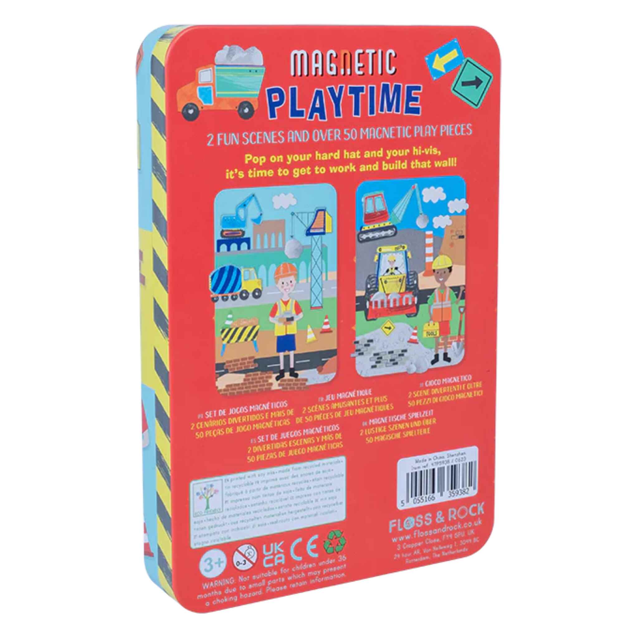 Introducing the Construction Magnetic Playtime by Floss & Rock: a vibrant playset box for children aged 3 and up, made from recycled materials. This set features construction-themed illustrations of workers and machinery, with two engaging scenes and over 50 pop-out magnets for endless fun.