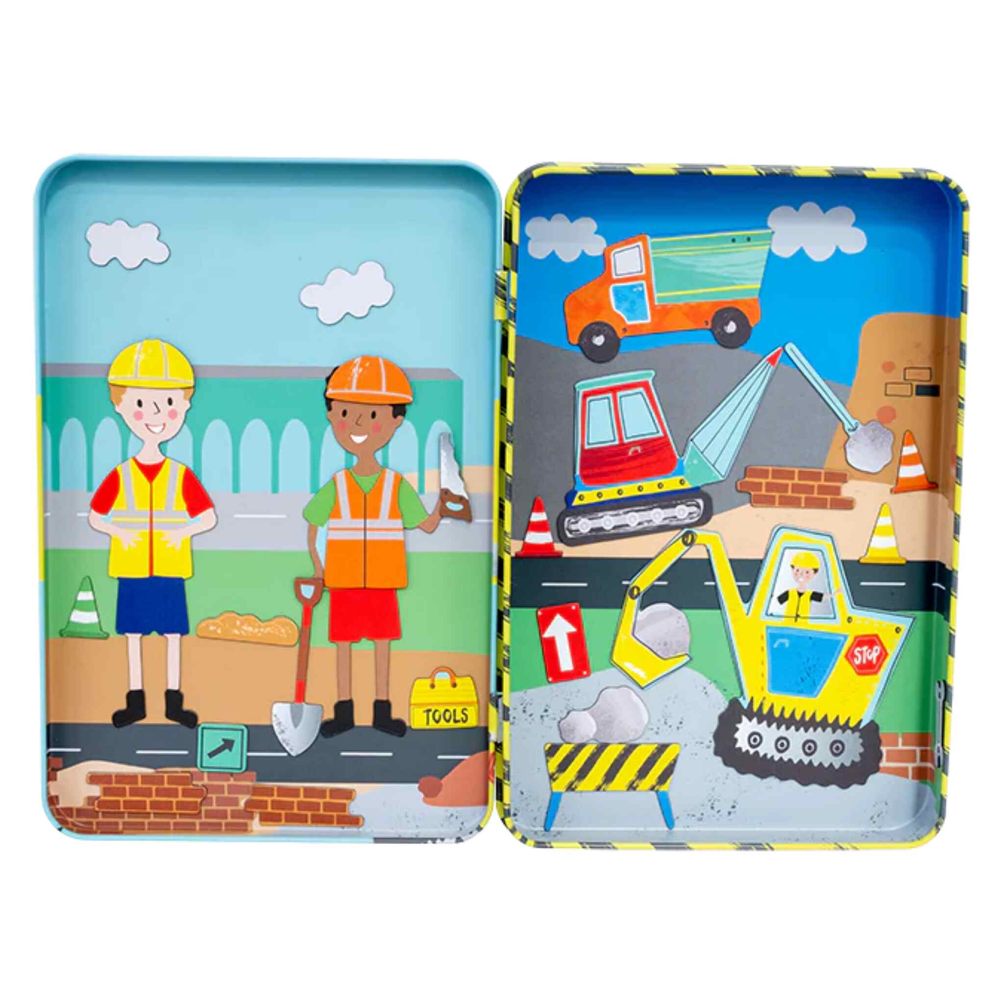 The Construction Magnetic Playtime tin lunch box by Floss & Rock is crafted from recycled materials and features cartoon construction scenes. One side depicts smiling workers with shovels and construction signs, while the other side showcases vehicles such as a dump truck, excavator, and cement mixer at a work site. Its bright colors and playful design bring joy to every meal.