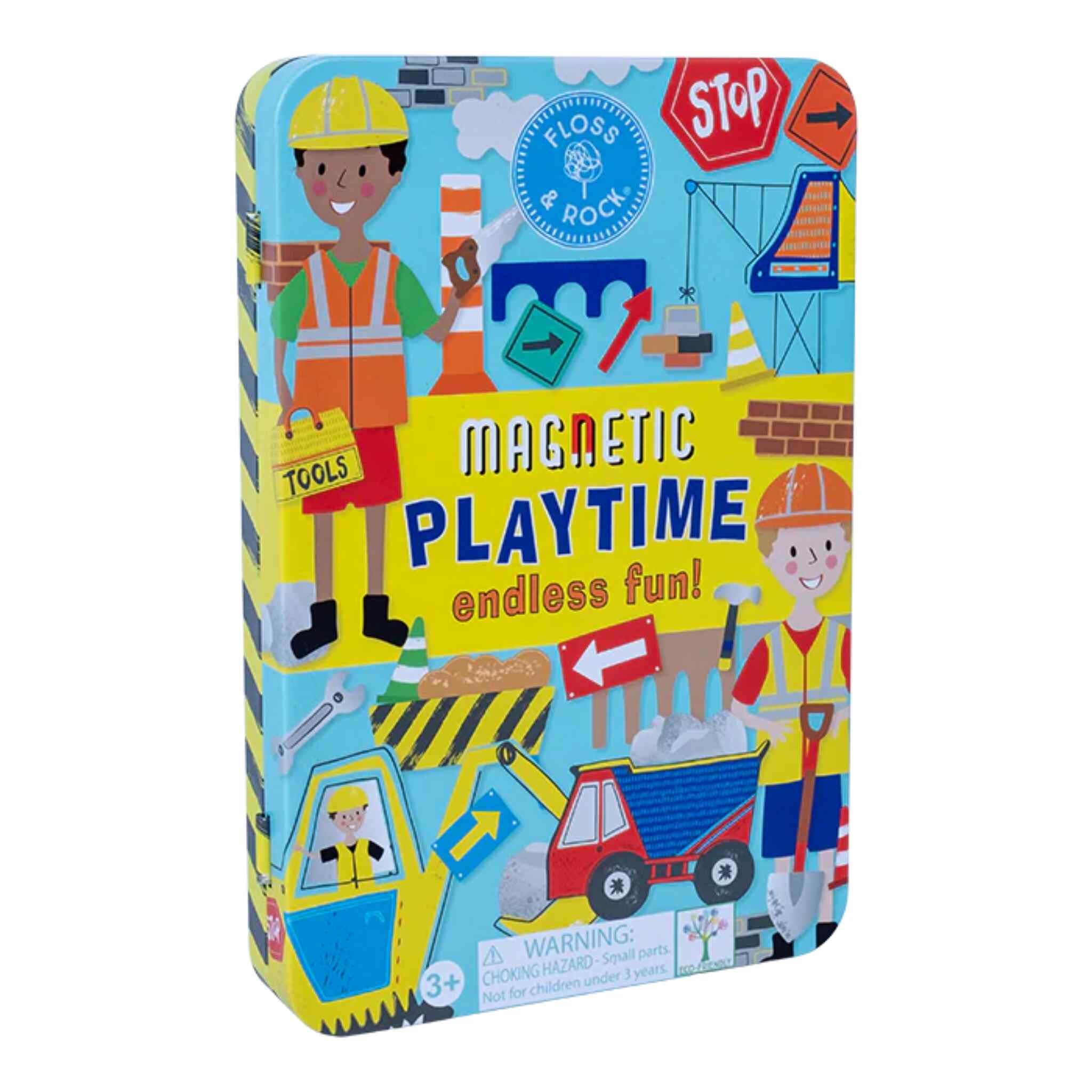 A vibrant magnetic tin box from Floss & Rock, adorned with construction-themed illustrations including a builder, tools, and a truck, displays the text "Construction Magnetic Playtime - endless fun!" Made from recycled materials and includes a warning for ages 3 and up.