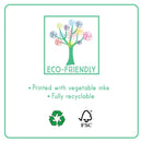 The "Dino My Scented Secret Diary" from Floss & Rock features an eco-friendly label adorned with a vibrant tree design and playful dinosaur-themed elements. It includes text that says: "Printed with vegetable inks" and "Fully recyclable." The bottom showcases recycling and FSC logos.