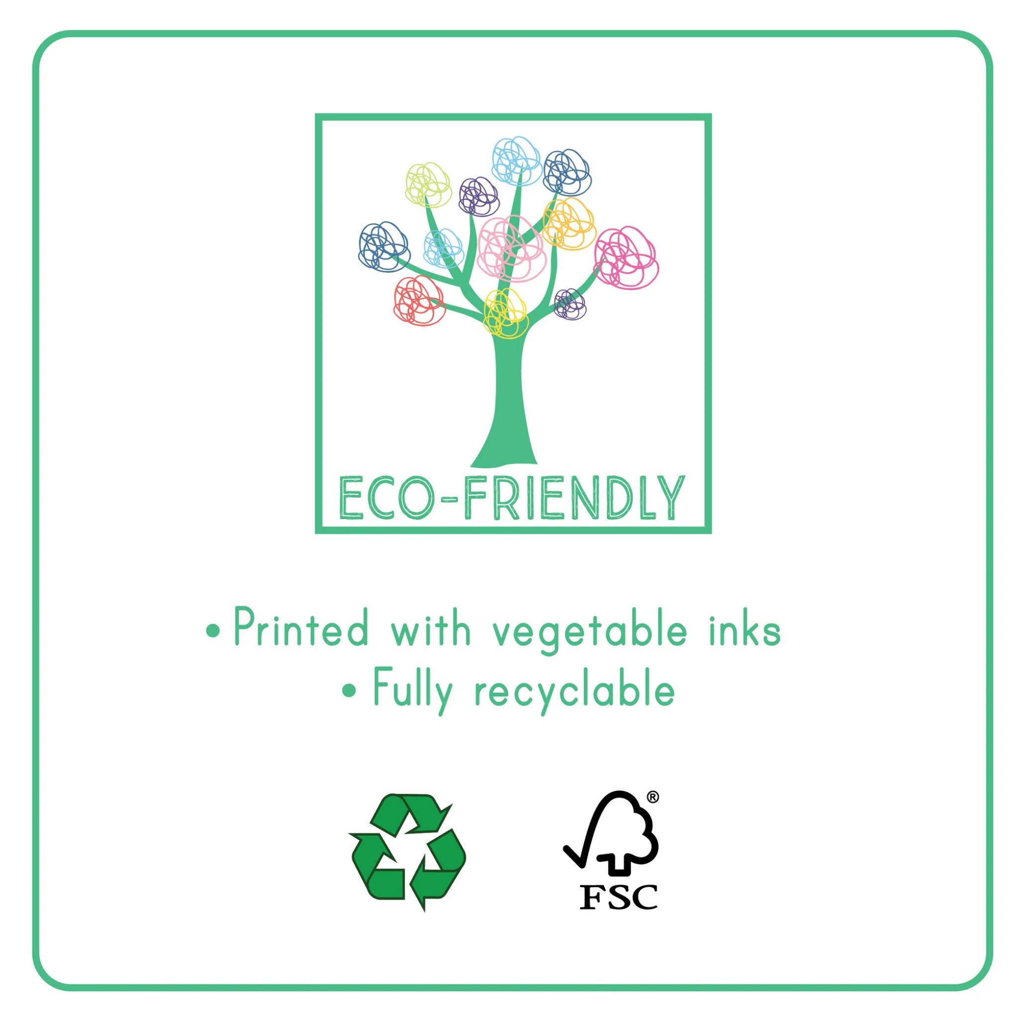 The "Dino My Scented Secret Diary" from Floss & Rock features an eco-friendly label adorned with a vibrant tree design and playful dinosaur-themed elements. It includes text that says: "Printed with vegetable inks" and "Fully recyclable." The bottom showcases recycling and FSC logos.