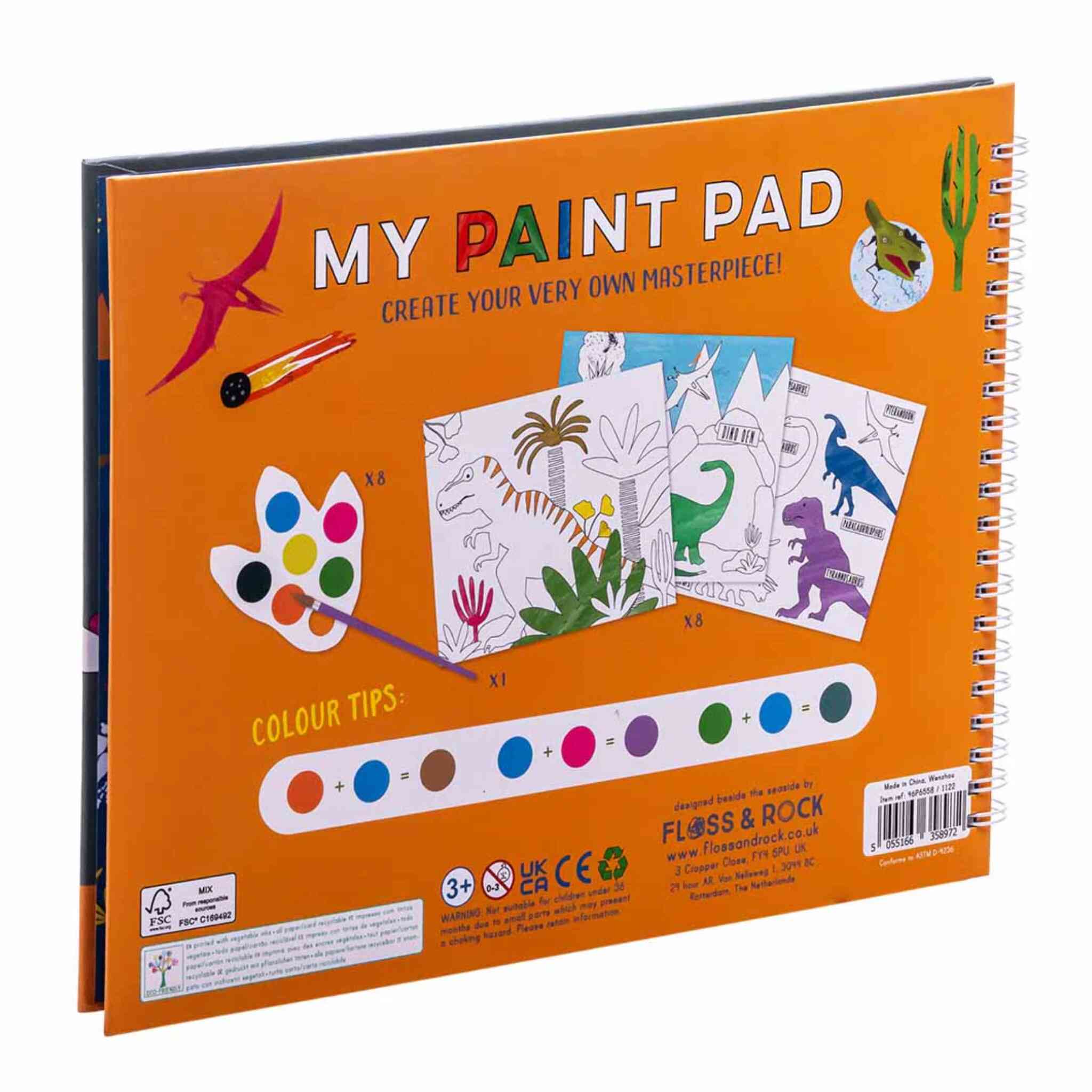 Explore the "Dino My Painting Pad" by Floss & Rock, an eco-friendly art set designed for kids with a dinosaur theme. It features tear-out pictures and vibrant coloring pages, along with unique dinosaur foot-shaped paint palettes and helpful color tips. Ideal for budding artists aged 3 and up!