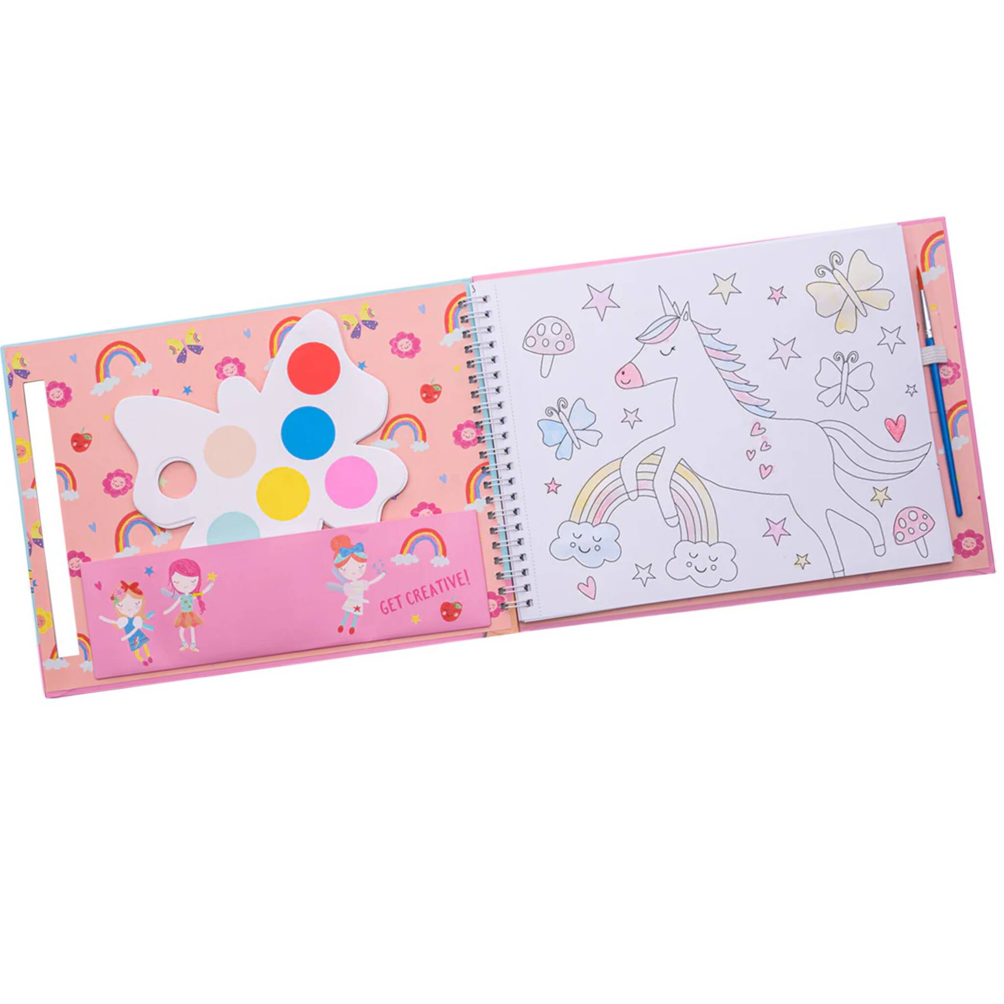 The "Rainbow Fairy My Painting Pad" by Floss & Rock features an open coloring book displaying a unicorn design on the right page and an eco-friendly butterfly-shaped paint palette on the left. The cover is beautifully designed with a pink background, embellished with rainbows and fairies, accompanied by a pencil resting beside it.