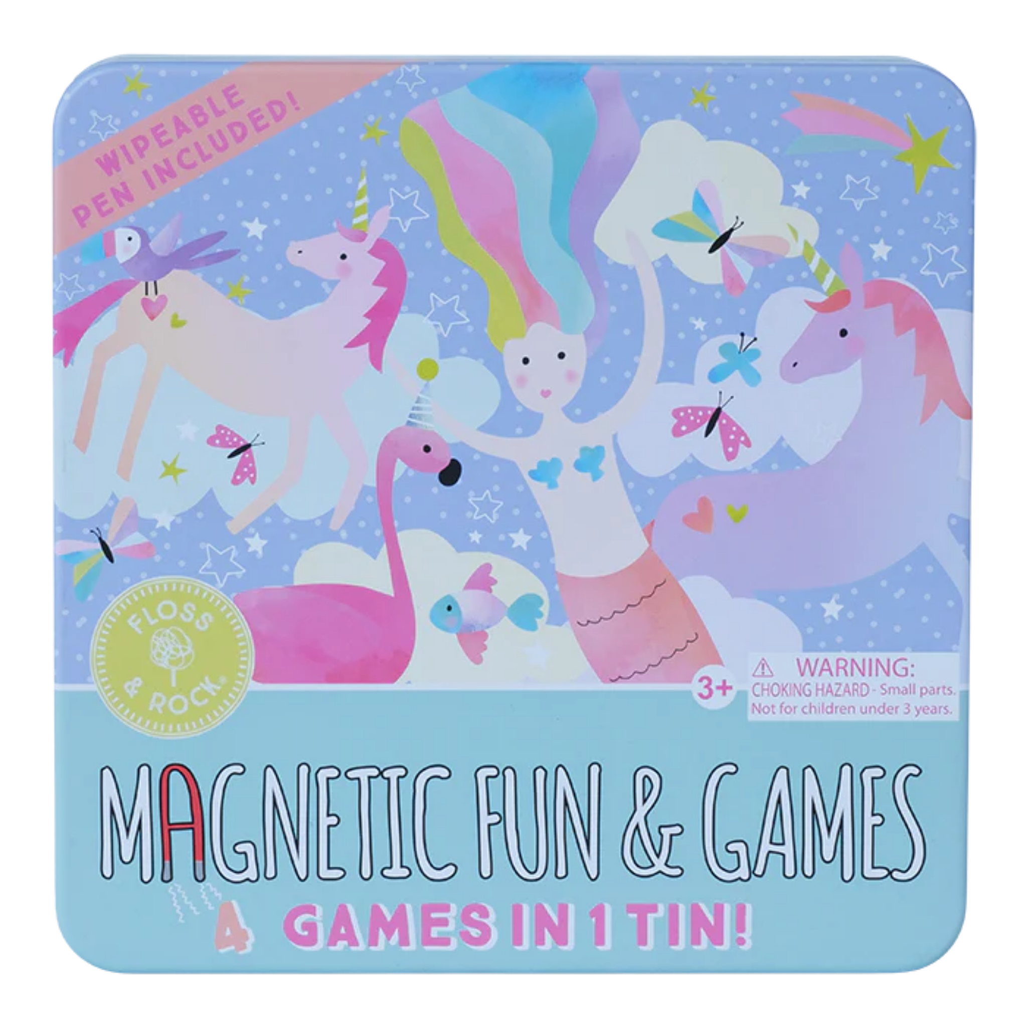 Introducing the Fantasy Magnetic Fun & Games by Floss & Rock! This vibrant tin lid showcases unicorns, a mermaid, fish, and stars. Inside, discover a 4-in-1 games compendium crafted from recycled materials. It comes with a wipeable pen and includes a safety warning for children under 3 due to small parts. Enjoy eco-friendly fun for all ages!