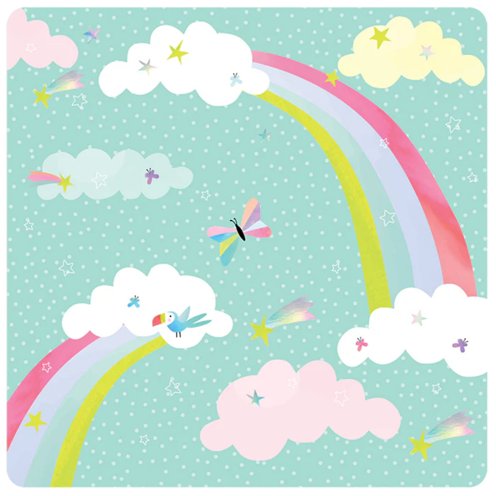 The Fantasy Magnetic Fun & Games set by Floss & Rock features a whimsical illustration of pastel rainbows, fluffy clouds, and colorful butterflies on a mint green background adorned with white polka dots. This eco-friendly product is crafted from recycled materials and includes stars and vivid birds that enhance the playful, dreamy atmosphere.