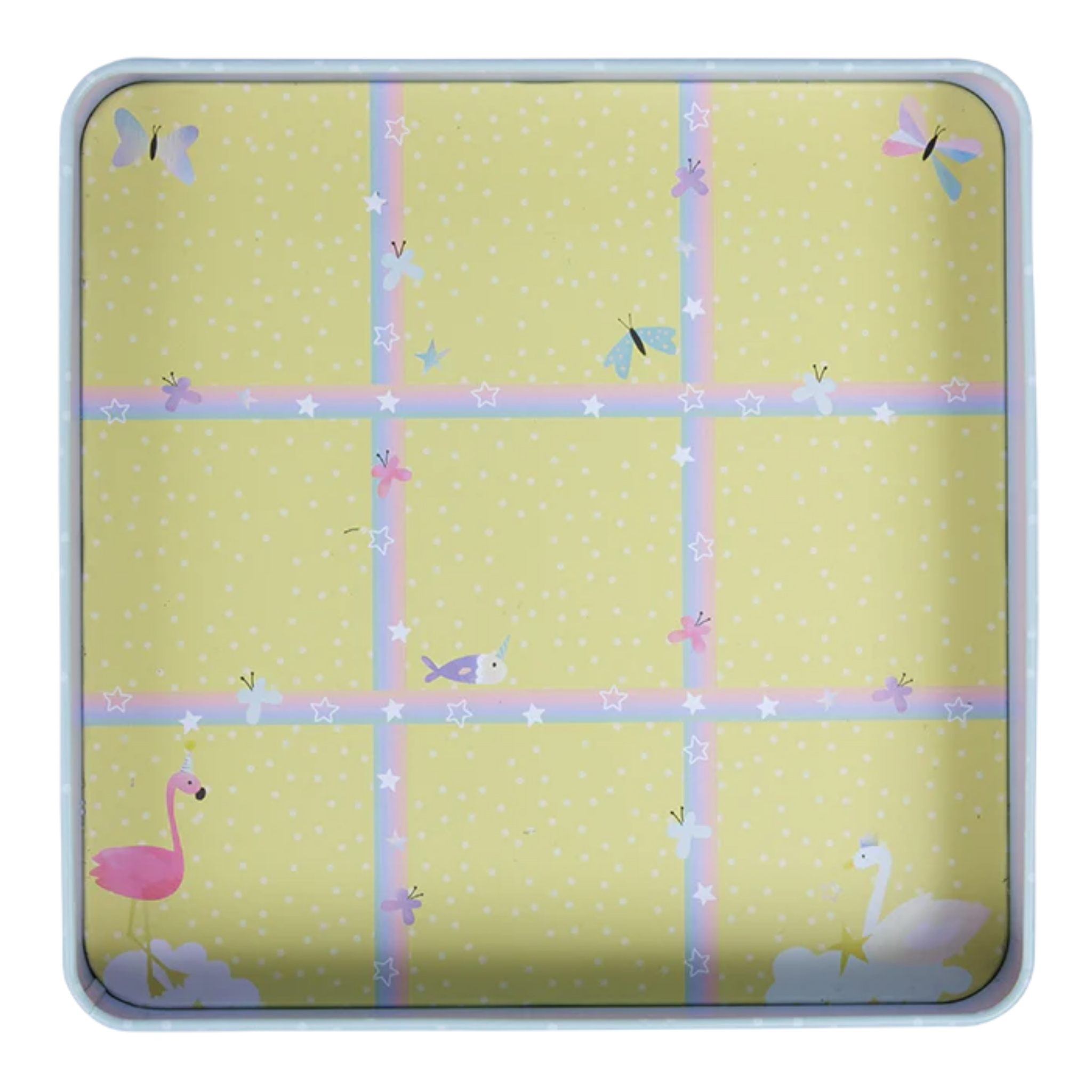 Introducing the Fantasy Magnetic Fun & Games by Floss & Rock: a beautifully designed square plate with a pastel yellow base adorned with a grid pattern of blue and pink lines. Crafted from eco-friendly, recycled materials, it showcases vibrant butterflies, a pink flamingo, a white swan, and tiny stars sprinkled across its surface.