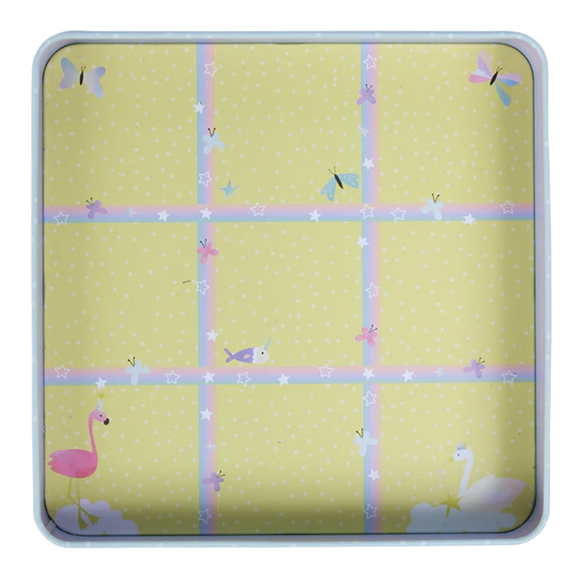 Introducing the Fantasy Magnetic Fun & Games by Floss & Rock: a beautifully designed square plate with a pastel yellow base adorned with a grid pattern of blue and pink lines. Crafted from eco-friendly, recycled materials, it showcases vibrant butterflies, a pink flamingo, a white swan, and tiny stars sprinkled across its surface.