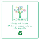 The artwork showcases a tree with vibrant, abstract branches. Below the illustration, the phrase "Eco-Friendly" is highlighted along with key features: "Printed with soy inks," "Made from recycled materials," and "Tin recyclable." A recycle symbol is displayed at the bottom. An ideal addition to any Fantasy Magnetic Fun & Games collection by Floss & Rock.