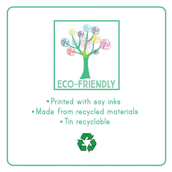 The artwork showcases a tree with vibrant, abstract branches. Below the illustration, the phrase "Eco-Friendly" is highlighted along with key features: "Printed with soy inks," "Made from recycled materials," and "Tin recyclable." A recycle symbol is displayed at the bottom. An ideal addition to any Fantasy Magnetic Fun & Games collection by Floss & Rock.