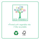 The artwork features a tree with vibrant, scribble-style leaves, accompanied by the words "Eco-Friendly." Beneath it, you'll find the phrases "Printed with vegetable inks" and "Fully recyclable," alongside paint palettes shaped like dinosaur feet as clever recycling symbols. The illustration also includes an FSC logo. This design is from the Dino My Painting Pad by Floss & Rock.