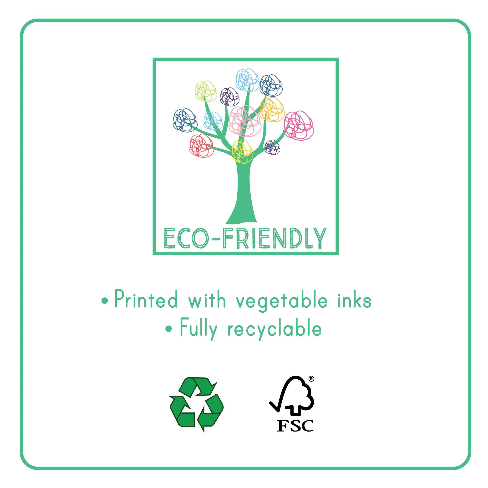 The artwork features a tree with vibrant, scribble-style leaves, accompanied by the words "Eco-Friendly." Beneath it, you'll find the phrases "Printed with vegetable inks" and "Fully recyclable," alongside paint palettes shaped like dinosaur feet as clever recycling symbols. The illustration also includes an FSC logo. This design is from the Dino My Painting Pad by Floss & Rock.