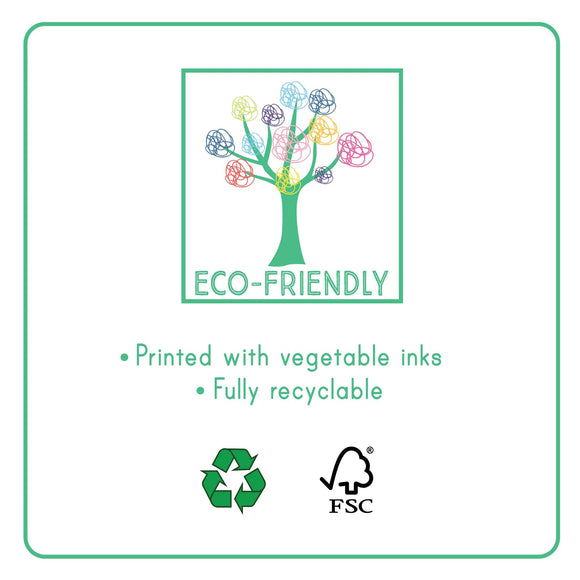 The artwork features a tree with vibrant, scribble-style leaves, accompanied by the words "Eco-Friendly." Beneath it, you'll find the phrases "Printed with vegetable inks" and "Fully recyclable," alongside paint palettes shaped like dinosaur feet as clever recycling symbols. The illustration also includes an FSC logo. This design is from the Dino My Painting Pad by Floss & Rock.
