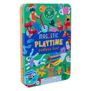 The "Pets Magnetic Playtime" by Floss & Rock is a colorful magnetic tin box featuring playful illustrations of animals, toys, and vehicles crafted from recycled materials. It contains pop-out magnets and includes a small parts warning, making it ideal for children aged 3 and up.
