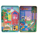 Explore the playful and vibrant scene of "Pets Magnetic Playtime" by Floss & Rock! On the left side, you'll find a fox, rabbit, turtle, and owl in a whimsical house. The right side showcases a koala on a bike and dogs, cats, and birds enjoying by a pond with rainbow slides crafted from recycled materials. The colorful illustration is brought to life with pop-out magnets ready for adventure!