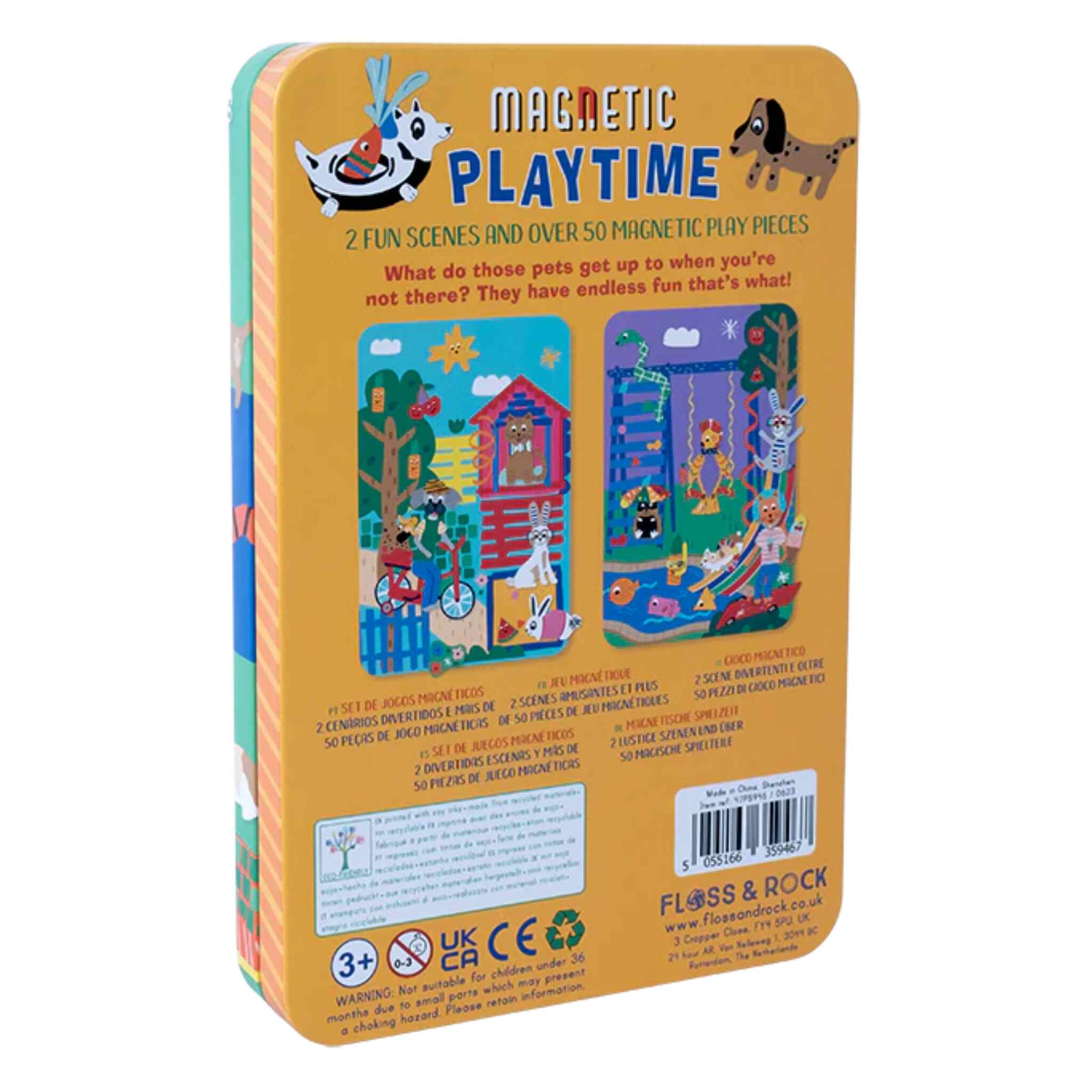 A vibrant tin box from Floss & Rock, called "Pets Magnetic Playtime," is made from recycled materials and adorned with charming illustrations of pets engaging in different activities. It includes descriptions of two exciting scenes and contains over 50 pop-out magnetic play pieces. Designed for children aged 3 and up, it features safety warnings at the bottom.