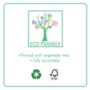 Introducing the eco-conscious label for Floss & Rock's "Pets My Painting Pad," featuring a vibrant tree illustration composed of playful scribbles. The label includes the text "Printed with vegetable inks" and "Fully recyclable," accompanied by a recycling symbol and FSC certification. A slender green border frames the design, echoing rabbit-shaped palettes that celebrate sustainable artistry.