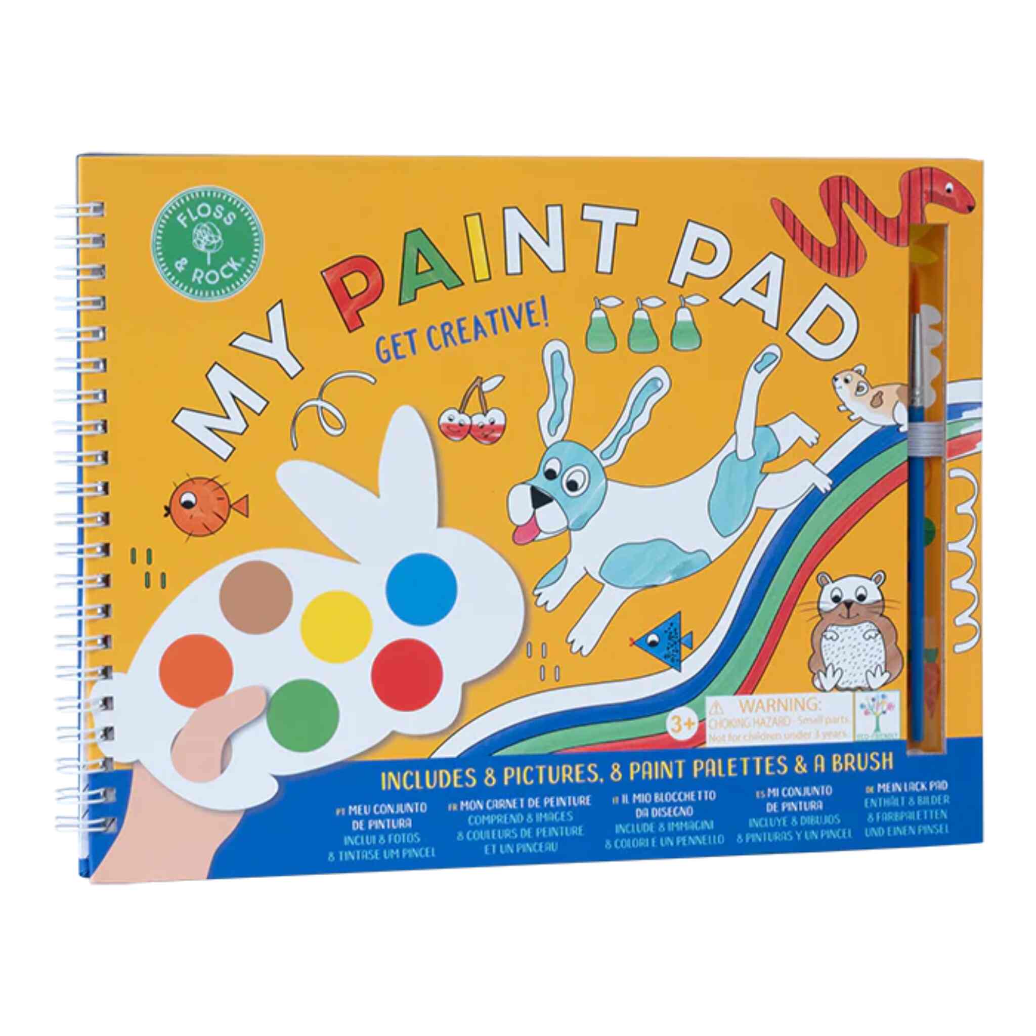 The cover of "Pets My Painting Pad" by Floss & Rock displays eco-friendly illustrations featuring a dog, fish, owl, and a paint palette. It includes images of rabbit-shaped palettes, a brush, and playful graphics set against a vibrant yellow background.