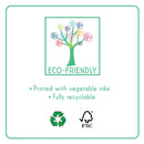 The illustration features a vibrant tree with the label "Eco-Friendly," and the text below reads "Printed with vegetable inks" and "Fully recyclable." It includes recycling and FSC logos, all bordered by a green line. Ideal for enthusiasts of portable games or Floss & Rock's Space Magnetic Fun & Games Compendium.