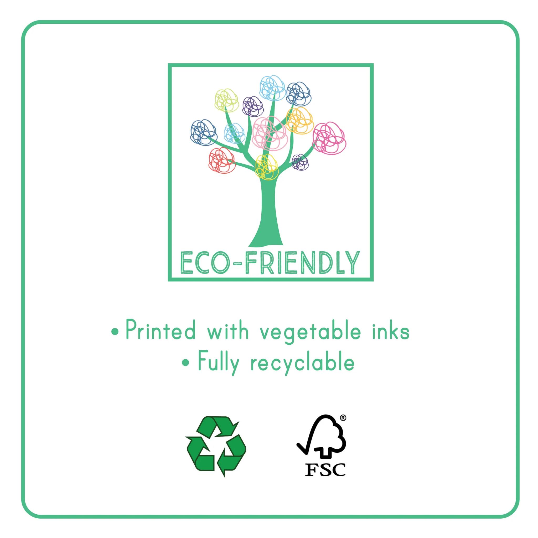 The illustration features a vibrant tree with the label "Eco-Friendly," and the text below reads "Printed with vegetable inks" and "Fully recyclable." It includes recycling and FSC logos, all bordered by a green line. Ideal for enthusiasts of portable games or Floss & Rock's Space Magnetic Fun & Games Compendium.