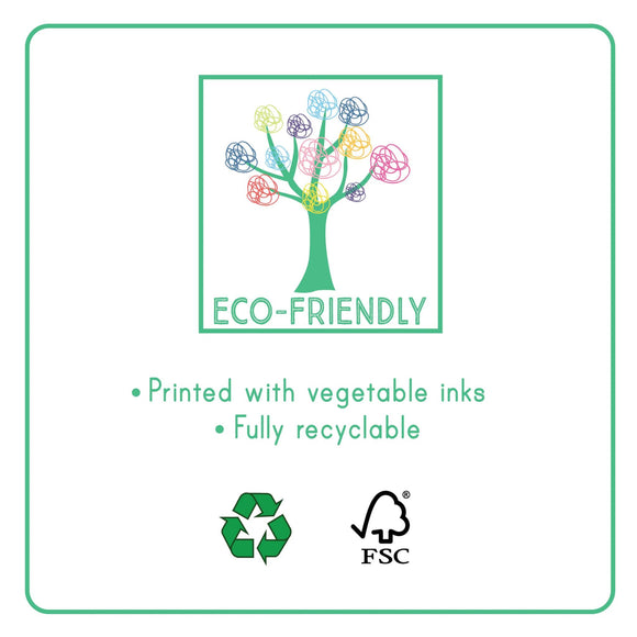 The illustration features a vibrant tree with the label "Eco-Friendly," and the text below reads "Printed with vegetable inks" and "Fully recyclable." It includes recycling and FSC logos, all bordered by a green line. Ideal for enthusiasts of portable games or Floss & Rock's Space Magnetic Fun & Games Compendium.