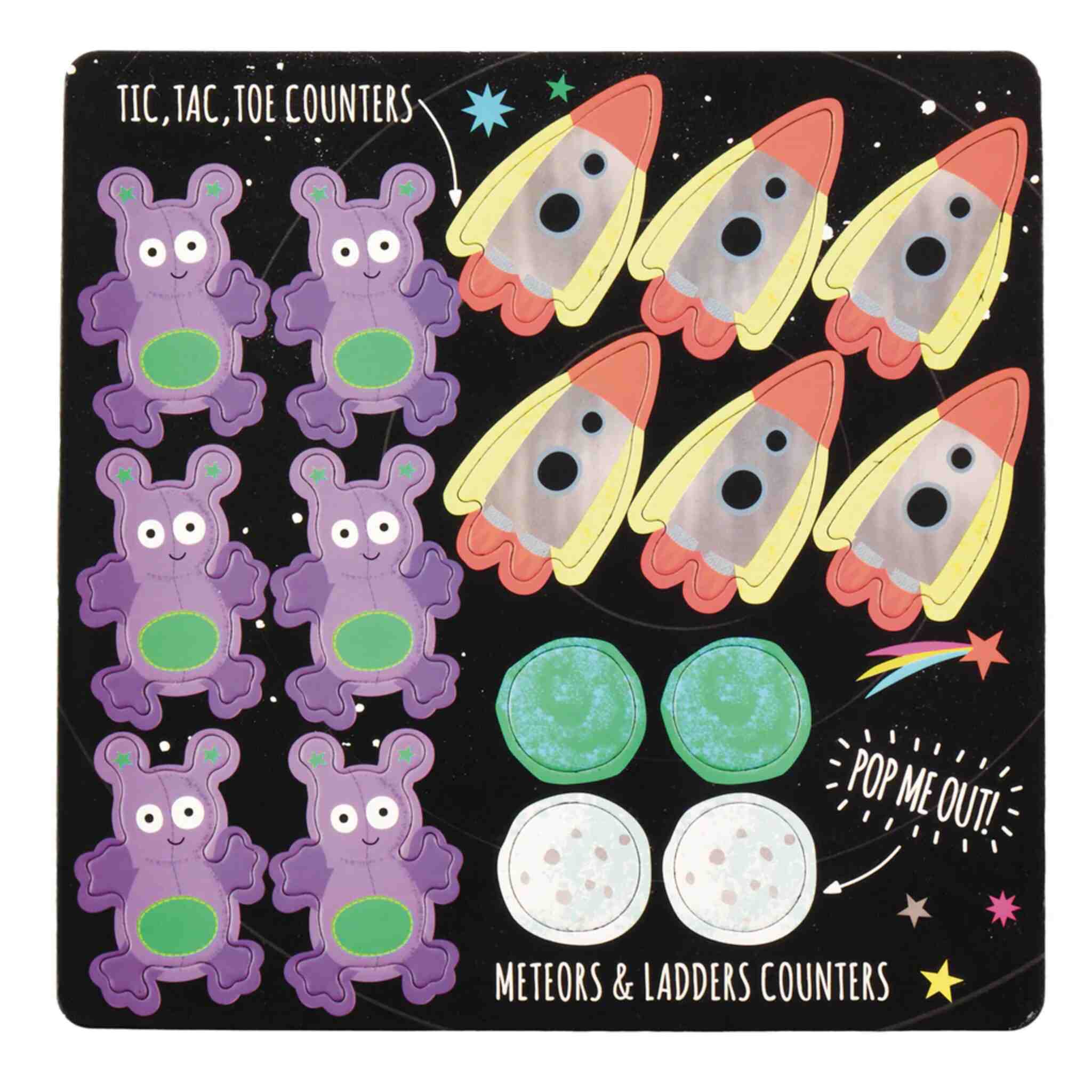 Introducing the Space Magnetic Fun & Games set by Floss & Rock: a vibrant cardboard sheet showcasing cut-out counters designed for children's space-themed games. The set features four purple aliens, four yellow and orange rockets, along with two green discs and two white discs. All pieces are clearly labeled for use in "Tic Tac Toe" and "Meteors & Ladders," making it an ideal addition to the Magnetic Games Compendium.