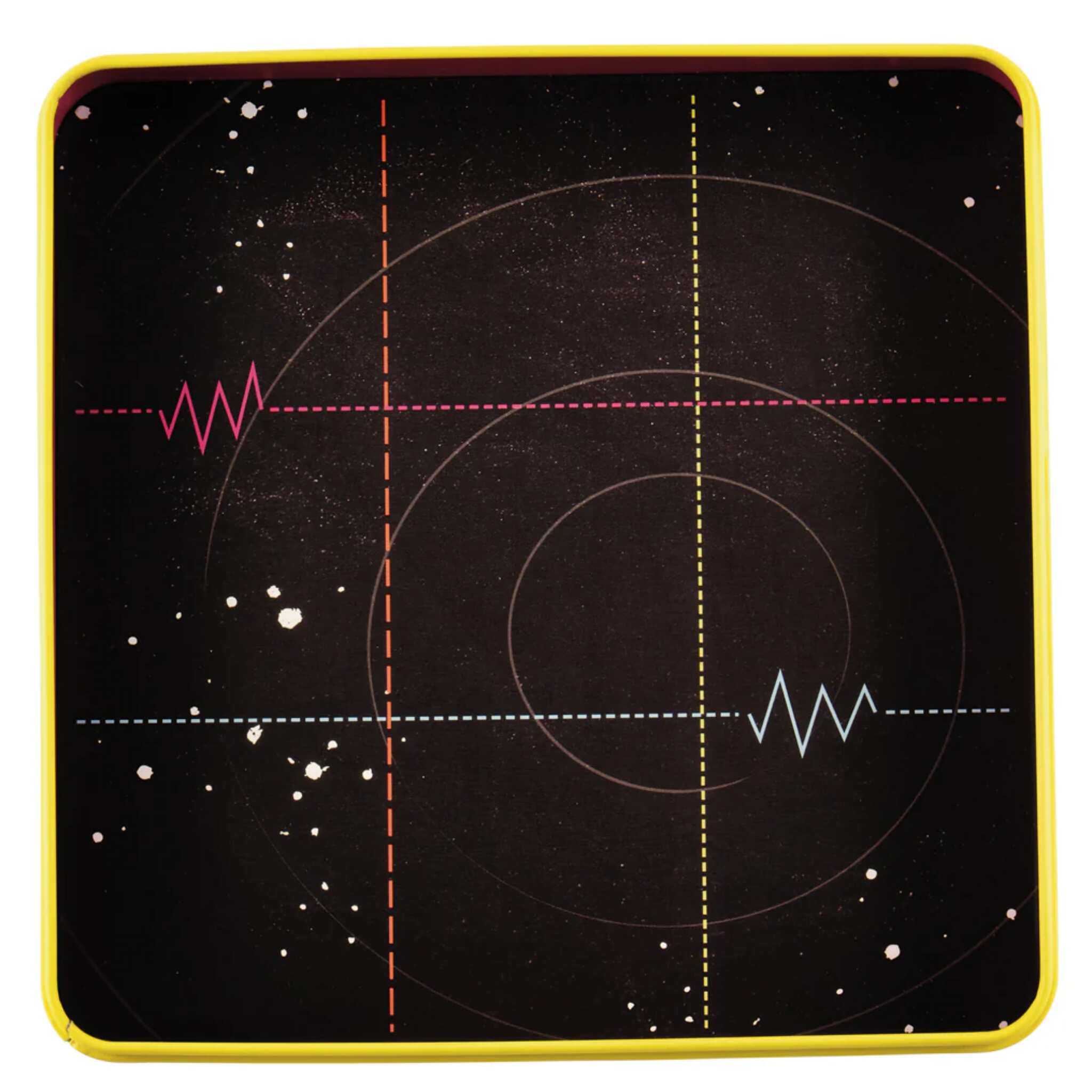 The "Space Magnetic Fun & Games" by Floss & Rock is designed with a retro-styled black square featuring a yellow border and intersecting dotted lines in vibrant red, orange, pink, and blue. White zig-zag lines and scattered speckles that resemble stars contribute to its space-themed aesthetic, complemented by circular patterns that enhance its cosmic charm.