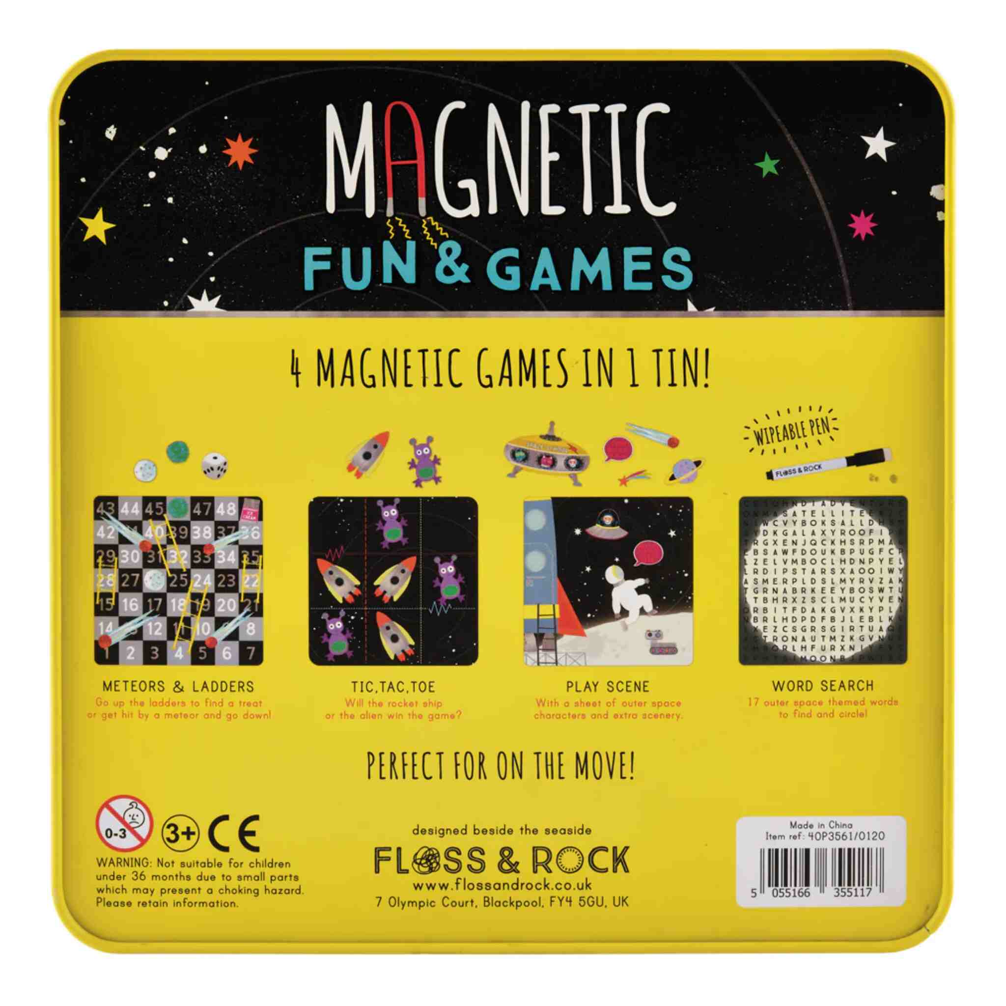 A square tin labeled "Space Magnetic Fun & Games" by Floss & Rock contains four engaging activities: "Meteors & Ladders," "Tic Tac Toe," "Play Scene," and "Word Search." This yellow, space-themed games collection is filled with playful graphics, making it perfect for travel and ideal for ages 3 and up.