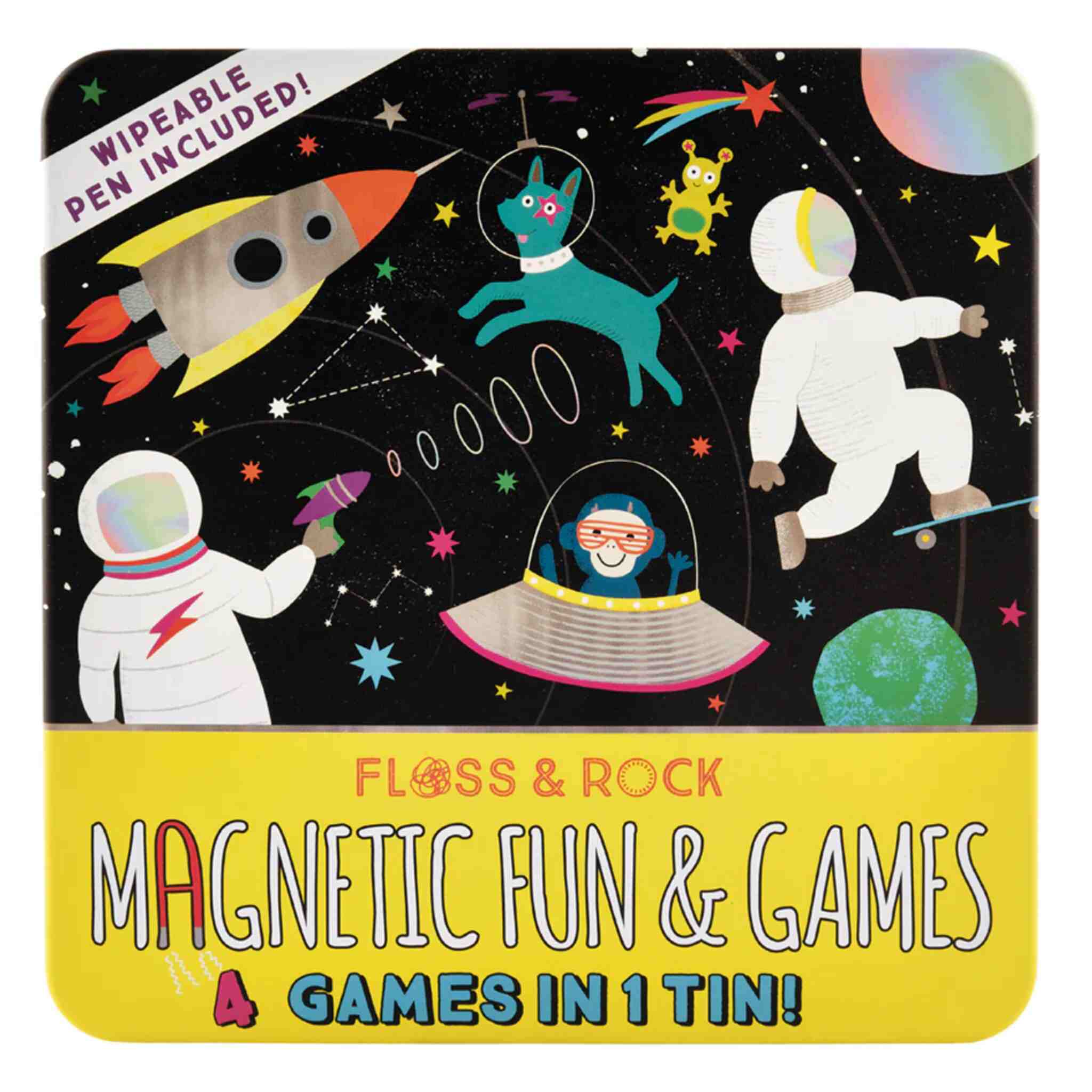 The vibrant design showcases astronauts, a rocket, and a green alien drifting through space against a backdrop of stars and planets. The text highlights "Floss & Rock" with the product name "Space Magnetic Fun & Games," offering four space-themed games in one tin. A wipeable pen is also included.