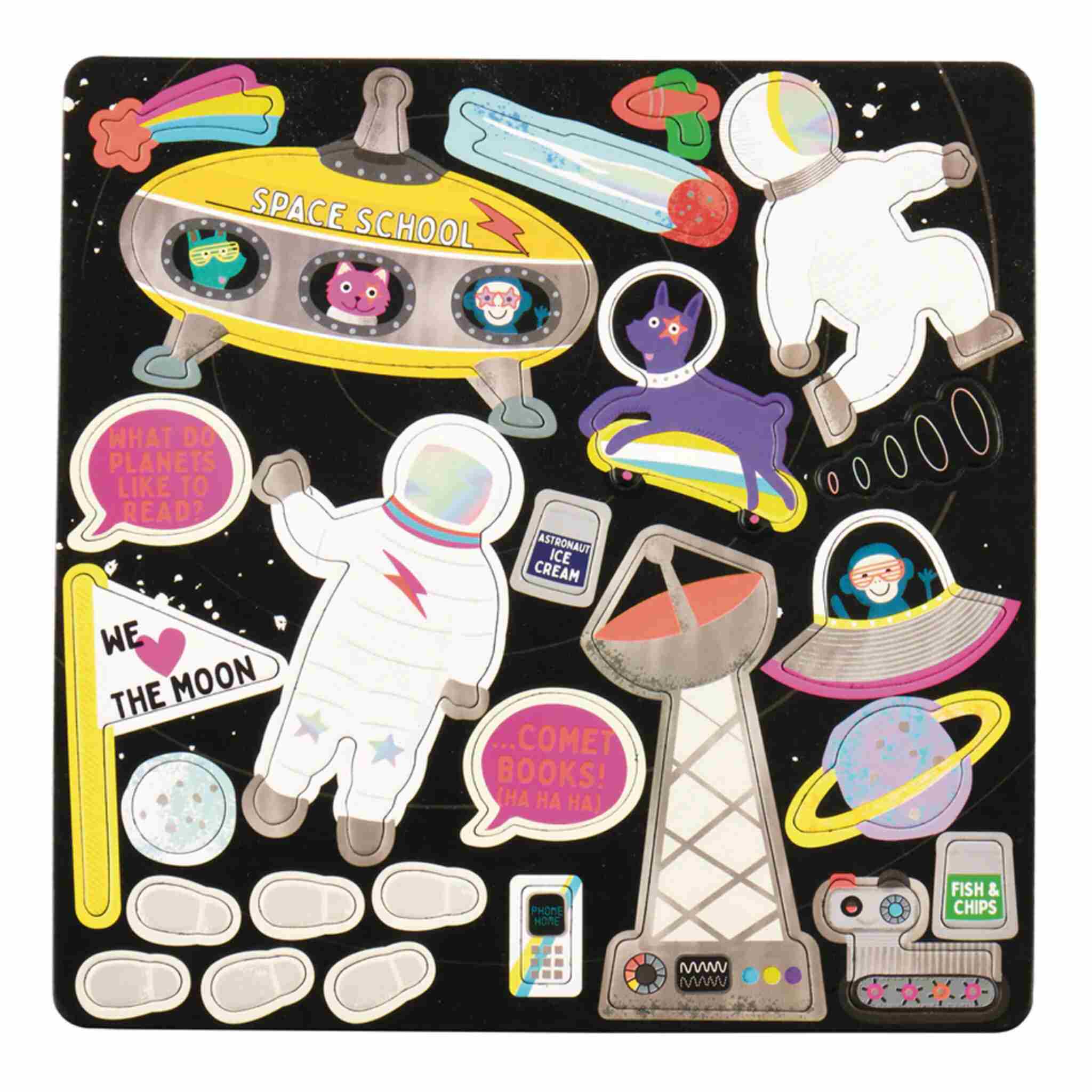 Explore the Space Magnetic Fun & Games set by Floss & Rock, featuring a whimsical collection of space-themed stickers. This set includes astronauts, spaceships, planets, and a space school. Enjoy speech bubbles with playful messages like "We ♥ the moon" and "Comet books!" Add even more excitement with characters like an alien and a sign for fish and chips—perfectly designed to complement your Magnetic Games Compendium for endless entertainment.