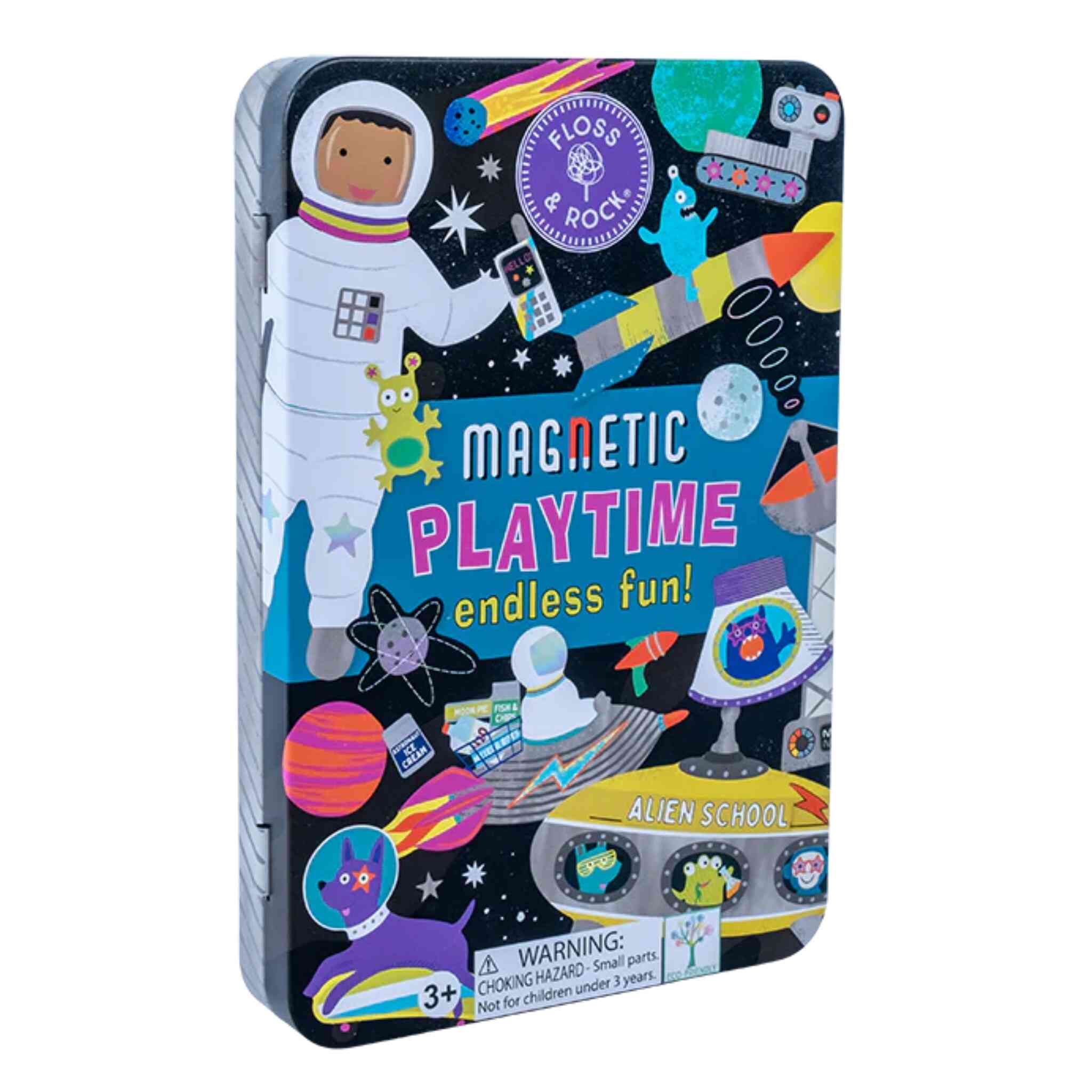 Floss & Rock presents the "Space Magnetic Playtime," a vibrant magnetic tin box adorned with space-themed artwork such as astronauts, rockets, and planets. Crafted from recycled materials, it carries a cautionary label for children aged 3 and above due to small parts.