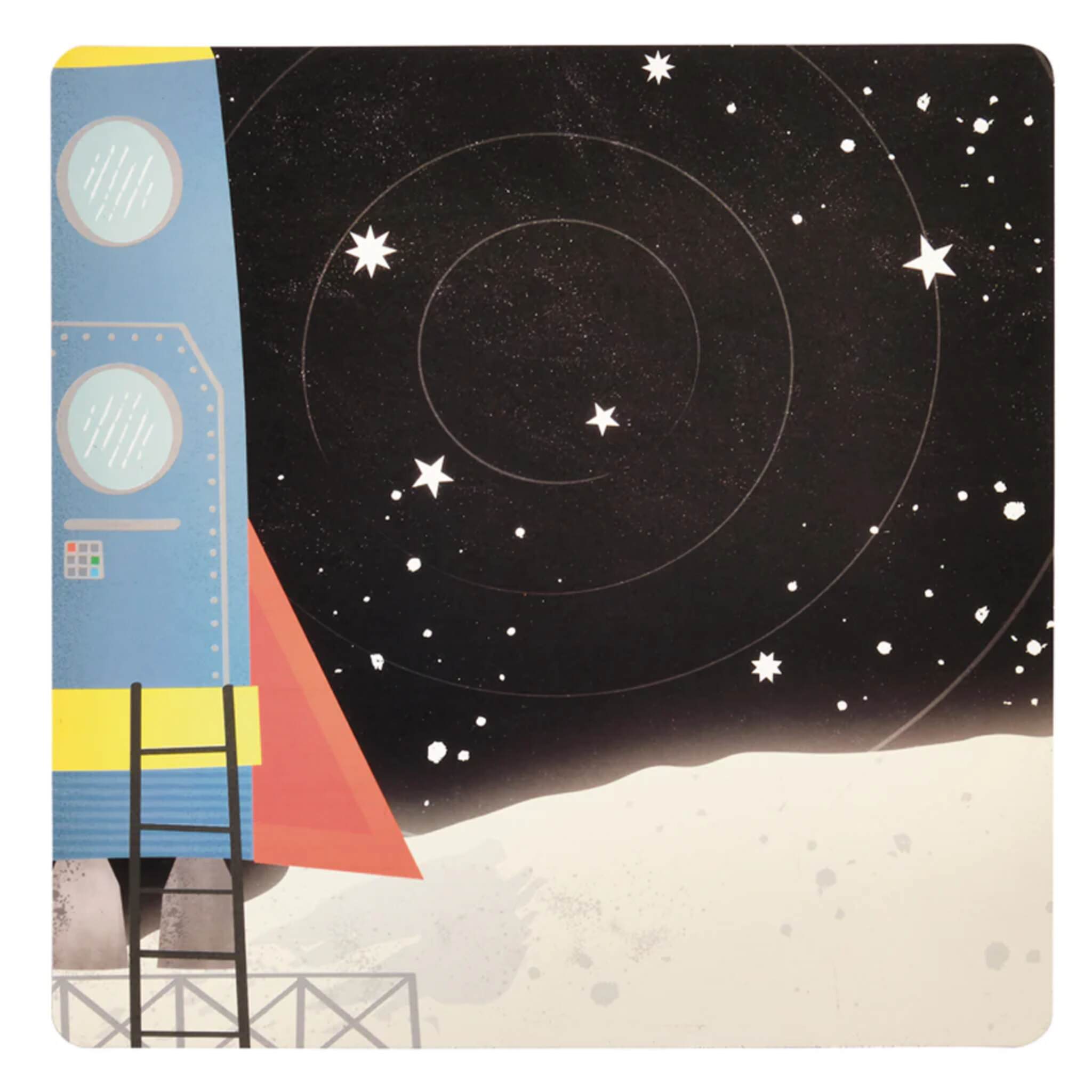 An illustration of a rocket on a lunar surface, set against a starry night sky with circular orbit patterns, captures the excitement of space-themed games. The blue, yellow, and orange rocket partially visible on the left is reminiscent of thrilling adventures found in Floss & Rock's Space Magnetic Fun & Games.