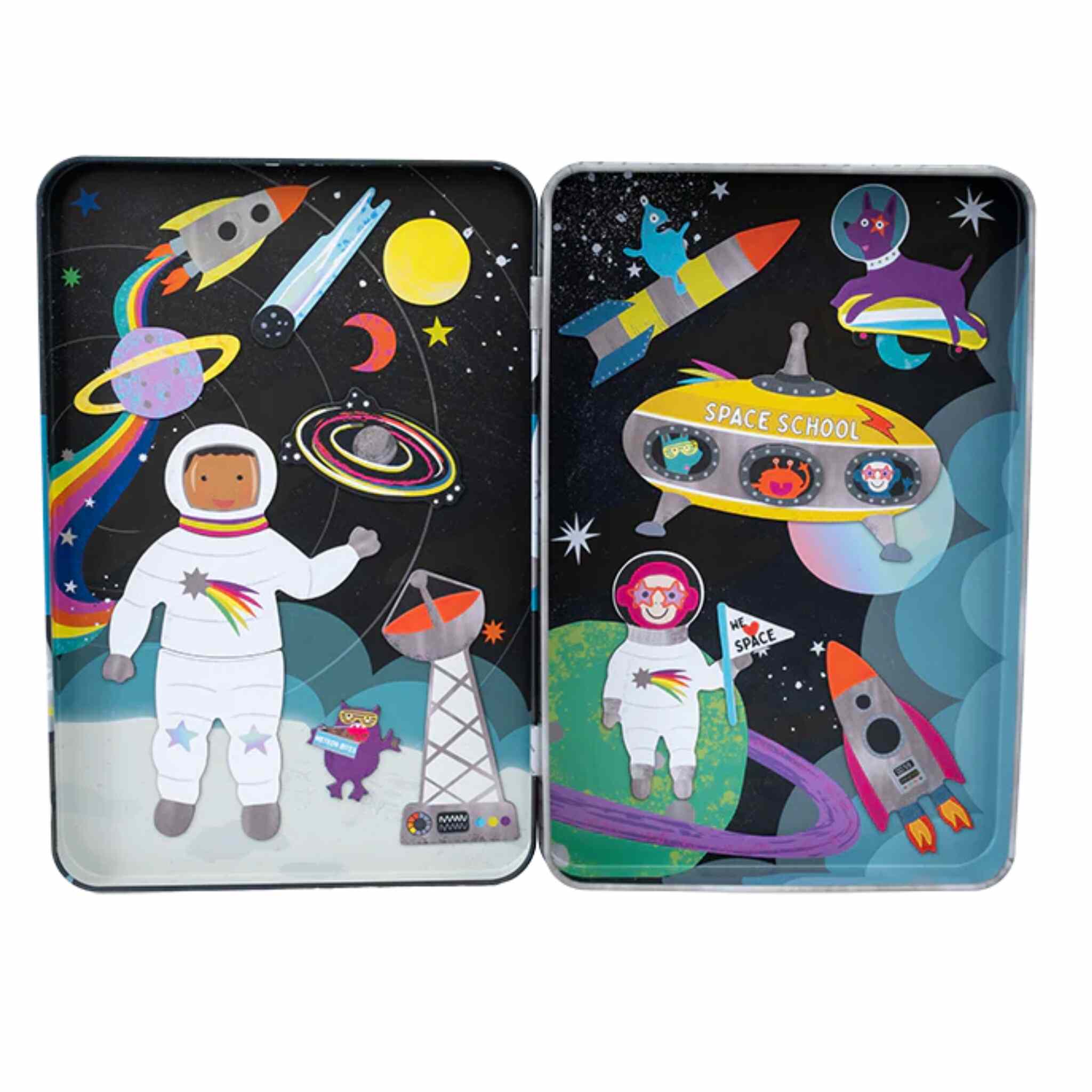 The Space Magnetic Playtime by Floss & Rock features vibrant and playful space-themed images of astronauts, rockets, planets, and a "Space School" UFO crafted from recycled materials. An astronaut waves from the moon on the left side, while space vehicles and celestial objects fill the right. This product includes pop-out magnets for added fun.