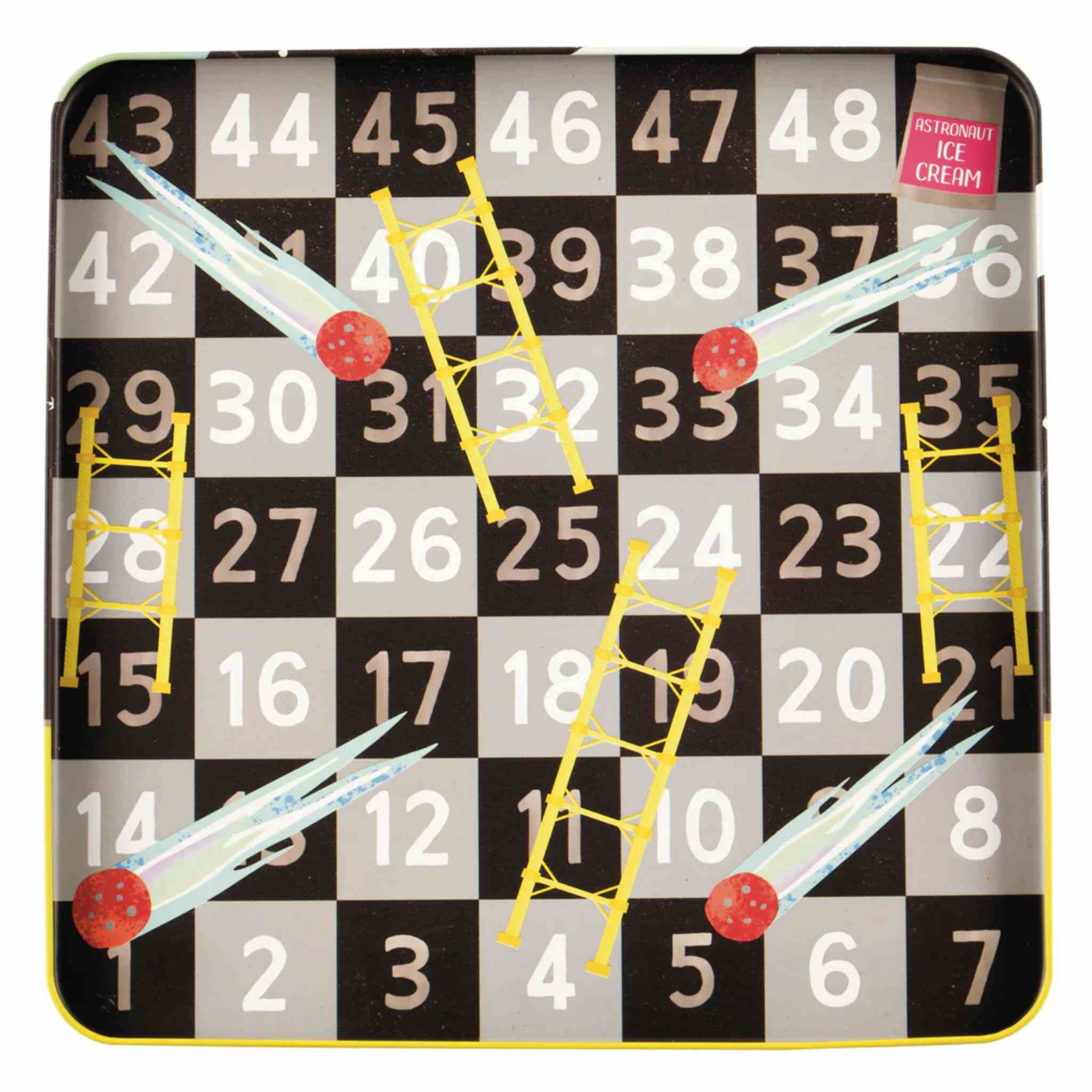 Experience the Floss & Rock Space Magnetic Fun & Games, a space-themed board game featuring a grid of numbers on a black and white checkered background with ladders and comets. This portable game includes a small red label in the corner that says "Astronaut Ice Cream," making it an ideal addition to any Magnetic Games Compendium collection.