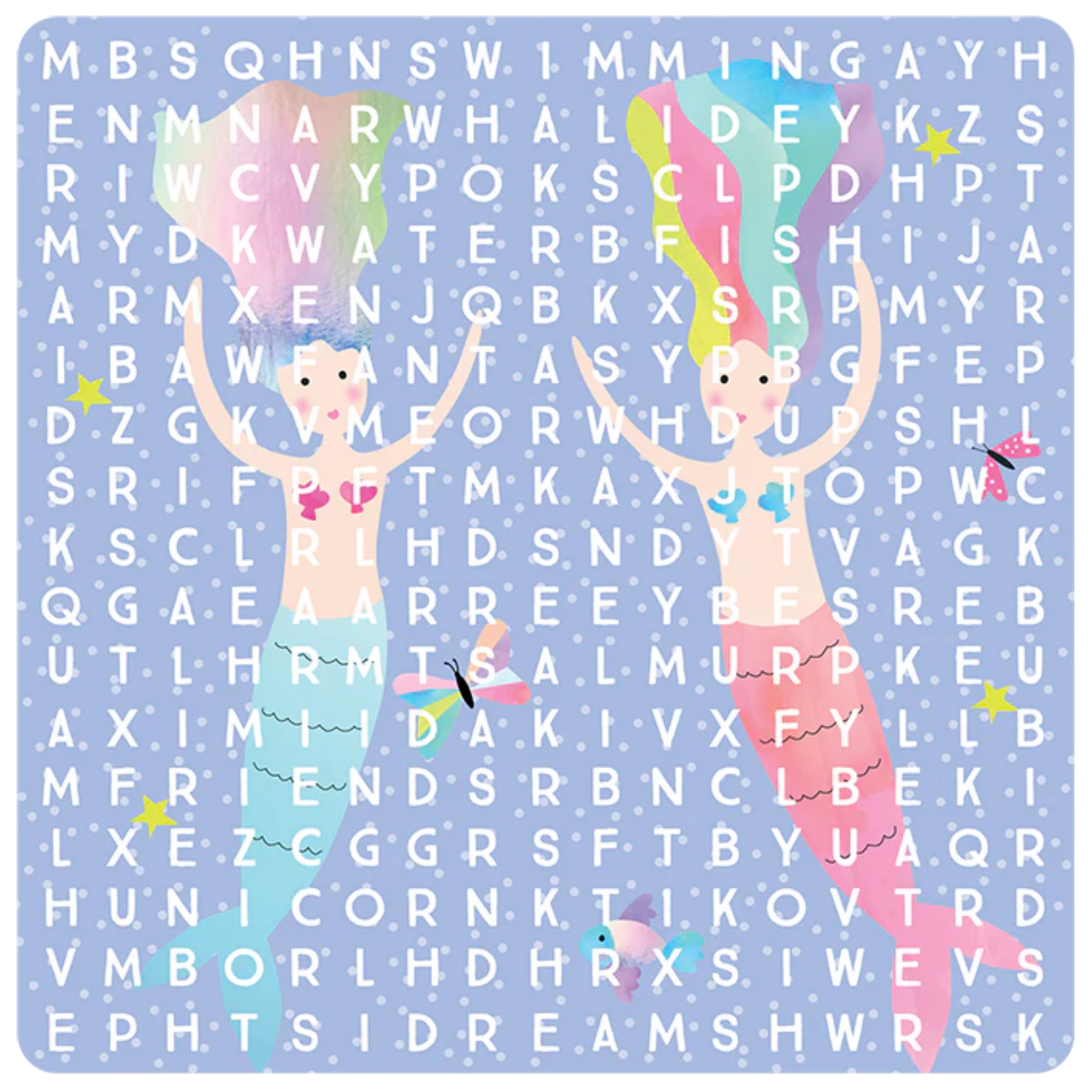 The Fantasy Magnetic Fun & Games set by Floss & Rock features two vibrant mermaids with blue and pink tails swimming among alphabet letters on a light blue backdrop, creating an engaging word search puzzle. Adorned with small stars and seashells, this eco-friendly delight is crafted from recycled materials.