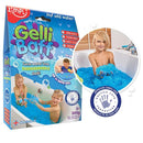A Zimpli Kids Gelli Baff package shows a smiling child enjoying blue, gel-like bath water. The packaging highlights benefits like "skin safe," "stain free," and "biodegradable," promoting multi-sensory play, with an inset featuring another joyful child experiencing the fun of blue Zimpli Gelli Baff.