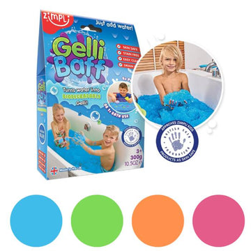 The Zimpli Kids Gelli Baff packaging presents a child having fun in a blue, jelly-like bath, featuring colorful circles and emphasizing its biodegradable, skin-safe, and non-staining qualities. Suitable for children ages 3 and up!.