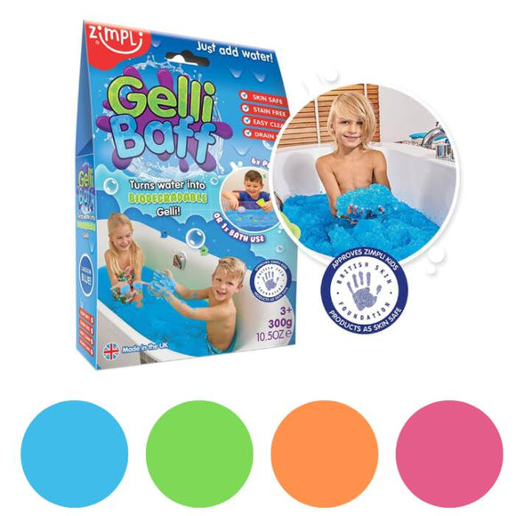 The Zimpli Kids Gelli Baff packaging presents a child having fun in a blue, jelly-like bath, featuring colorful circles and emphasizing its biodegradable, skin-safe, and non-staining qualities. Suitable for children ages 3 and up!.