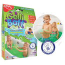 Two children enjoy multi-sensory play with Zimpli Kids' green Gelli Baff in the bathtub. The product packaging shows it transforms water into biodegradable Gelli, is skin-safe, easy to clean, and drain-safe, and displays the British Skin Foundation logo.