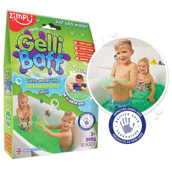 Two children enjoy multi-sensory play with Zimpli Kids' green Gelli Baff in the bathtub. The product packaging shows it transforms water into biodegradable Gelli, is skin-safe, easy to clean, and drain-safe, and displays the British Skin Foundation logo.