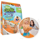 Zimpli Gelli Baff by Zimpli Kids features packaging with two smiling children in a bathtub filled with orange gel, ideal for multi-sensory play. A circular inset shows a child holding the eco-friendly, biodegradable gel while an adult smiles nearby.